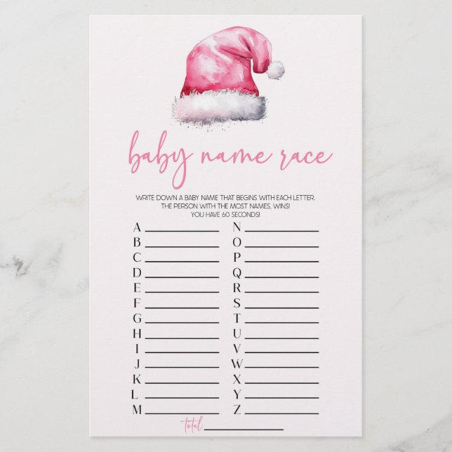Pink Santa Christmas Name Race Baby Shower Game Stationery (Front)