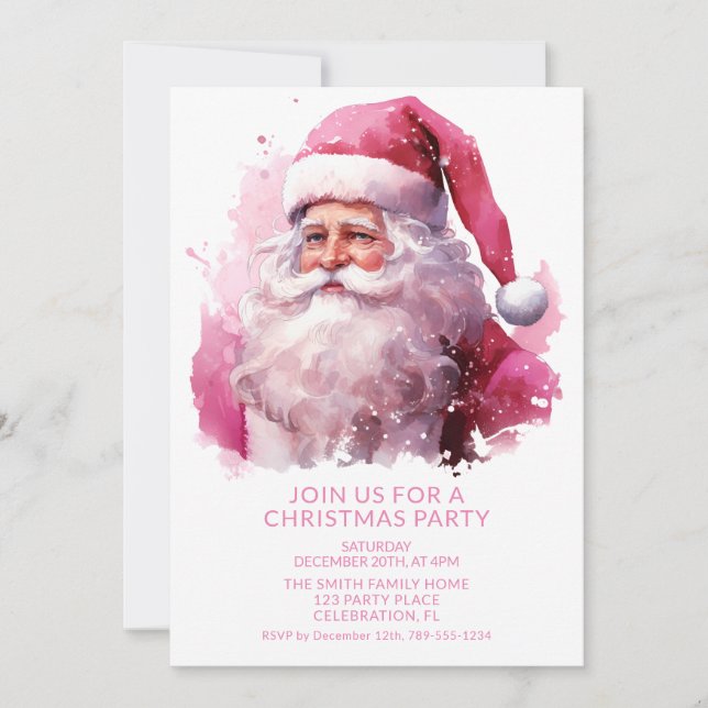 Pink Santa Christmas Party Invitation (Front)