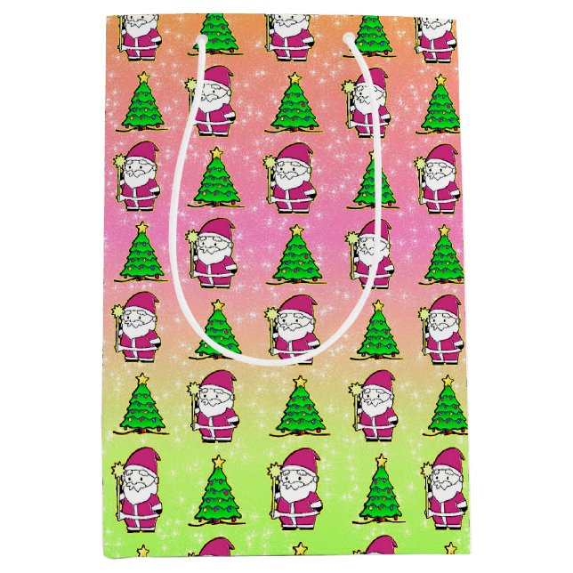 Pink Santa & Christmas Tree Medium Gift Bag (Front)