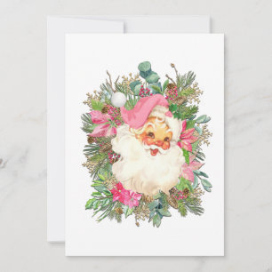 Pink Santa Claus and Floral Spray Holiday Card