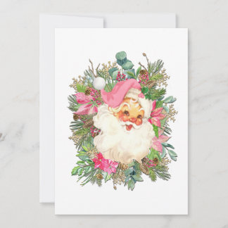 Pink Santa Claus and Floral Spray Holiday Card