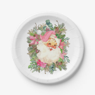 Pink Santa Claus and Floral Spray Paper Plate