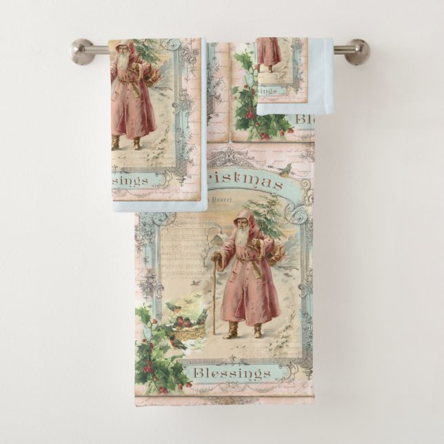 Pink Santa Claus Christmas Victorian Style Bath Towel Set (Insitu)