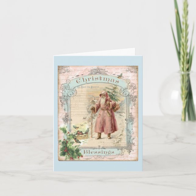 Pink Santa Claus Christmas Victorian Style Thank You Card (Front)