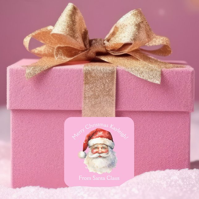 Pink Santa Claus Custom Girls Christmas Gift Square Sticker (Creator Uploaded)