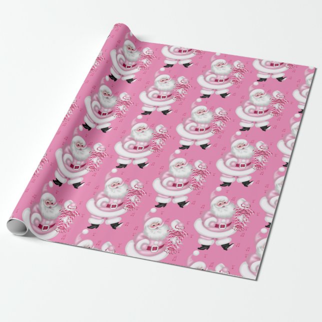 Pink Santa Claus Holiday Christmas Wrapping Paper (Unrolled)