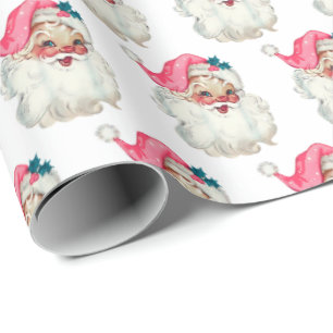 Pink Santa Face Claus Christmas  Old Xmas Vintage Wrapping Paper