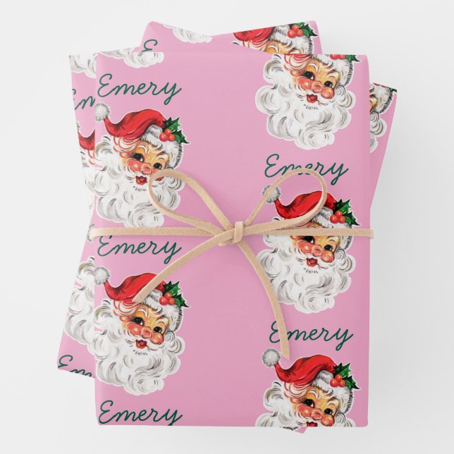 Pink Santa Face Customised Christmas Holiday xmas Wrapping Paper Sheet (In situ)