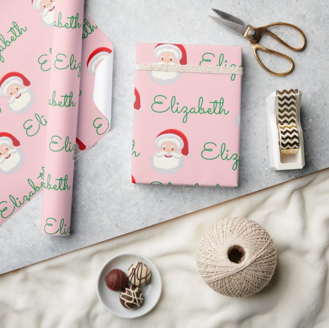 Pink Santa Face Personalise Christmas Holiday gift Wrapping Paper (Crafts)