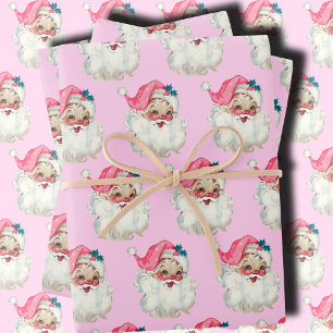 Pink Santa Face, Vintage Pink Santa, Pink Gift Wrapping Paper Sheet