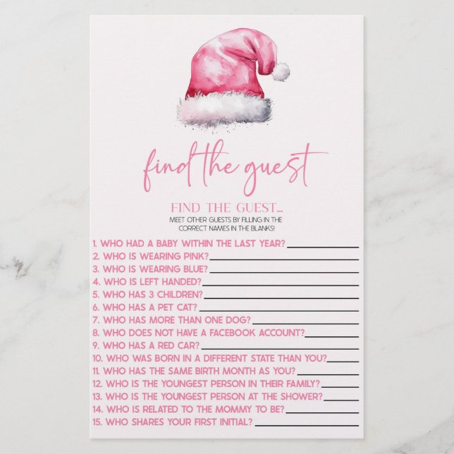 Pink Santa Find The Guest Baby Shower Game Stationery (Front)
