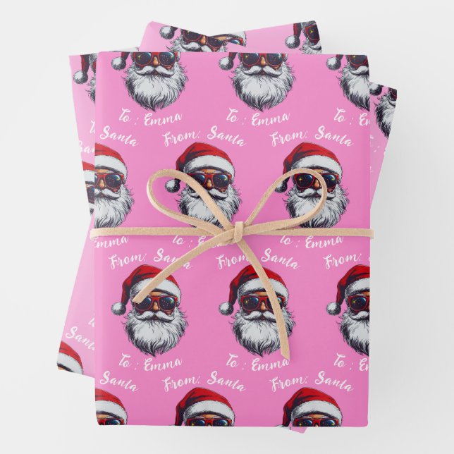 Pink Santa Gift Wrap, Custom Name Christmas Pink Wrapping Paper Sheet (In situ)