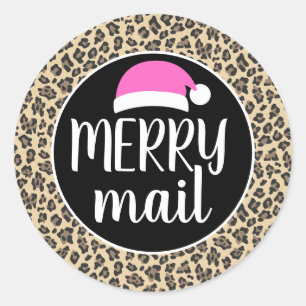 Pink Santa Hat Animal Print Leopard Merry Mail Classic Round Sticker
