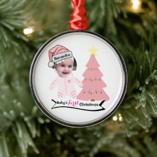 Pink Santa Hat Baby’s First Christmas Photo Metal Tree Decoration