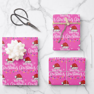 Pink Santa Hat Merry Christmas Lights Xmas Family Wrapping Paper Sheet