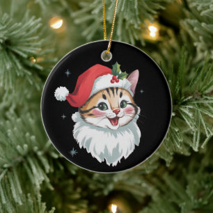 Pink Santa Hat Retro Cute Kitty Cat Christmas  Ceramic Tree Decoration