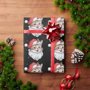Pink Santa Hat Retro Cute Kitty Cat Christmas Wrapping Paper