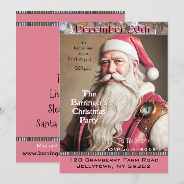 Pink Santa Keeping Time Christmas Party Invitation (Front/Back)