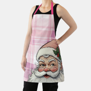 Pink Santa Plaid Christmas Apron