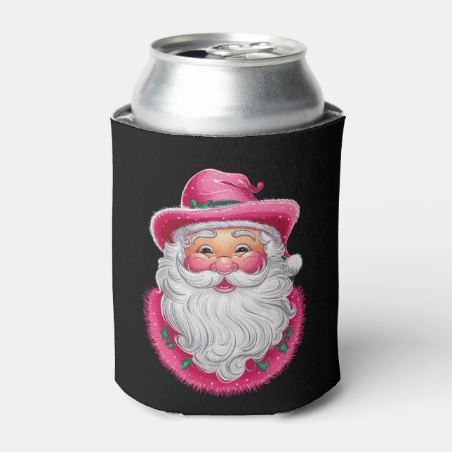 Pink Santa Retro Christmas Matching Family Party Can Cooler (Can Front)