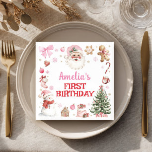 Pink Santa Retro Winter Christmas Birthday Napkin