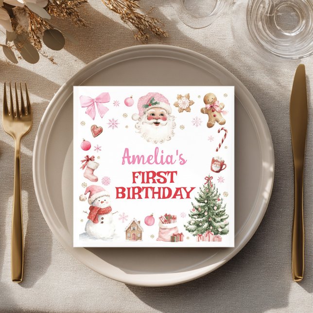 Pink Santa Retro Winter Christmas Birthday Napkin (Creator Uploaded)