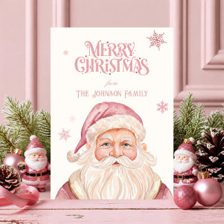 Pink Santa Watercolor Retro Christmas Holiday Card