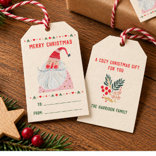 Pink Santa Whimsical Watercolor Scandinavian Gift Tags