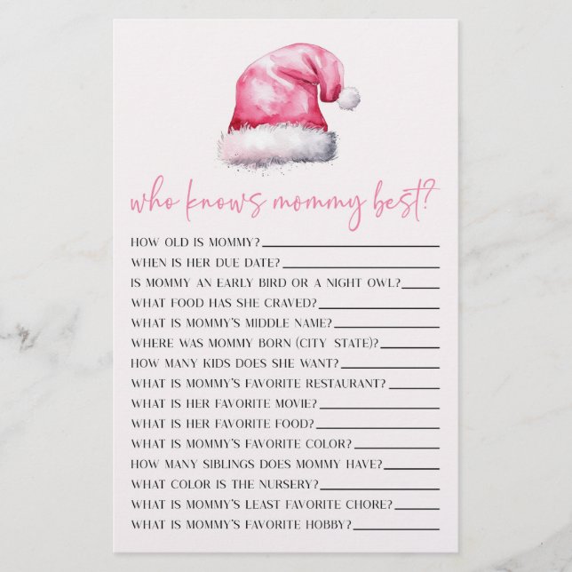 Pink Santa Who Knows Mummy Baby Shower Game Stationery (Front)