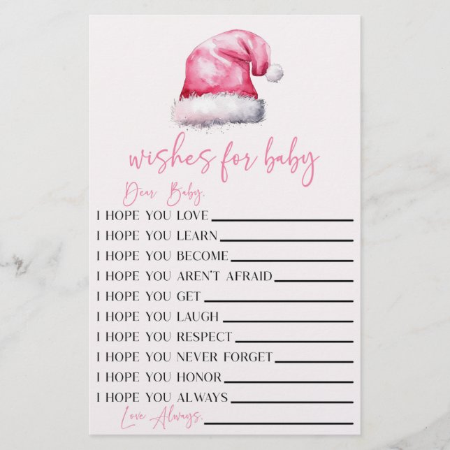 Pink Santa Wishes For Baby Shower Activity Stationery (Front)