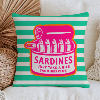 Pink Sardines Can on Green Stripes BOHO Coastal  Cushion