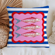 Pink Sardines on Blue Stripes Bold Nautical 