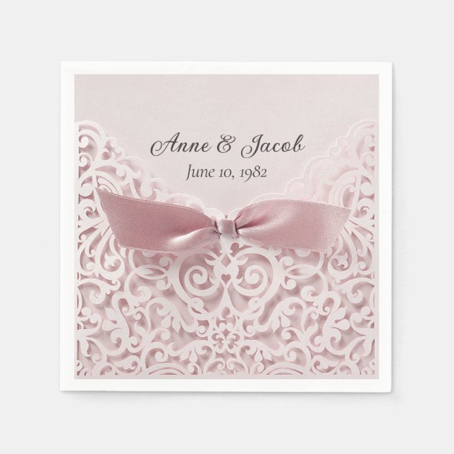 Pink Satin Bow On Lace for Anniversary Napkin (Front)