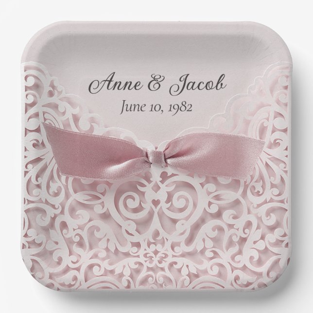 Pink Satin Bow On Lace for Anniversary Paper Plate (Front)