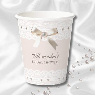 Pink Satin Bow White Vintage Lace Bridal Shower Paper Cups