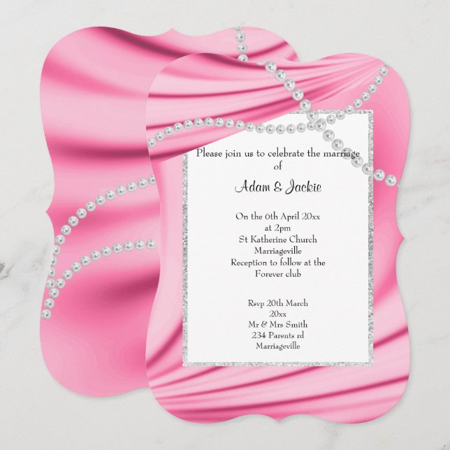 PINK SATIN, DIAMONDS & PEARLS ELEGANT WEDDING 2 INVITATION (Front/Back)