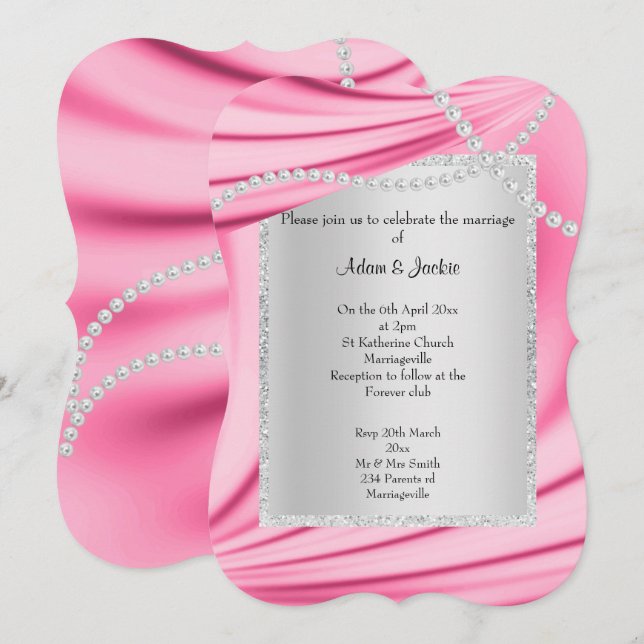 PINK SATIN, DIAMONDS & PEARLS ELEGANT WEDDING INVITATION (Front/Back)
