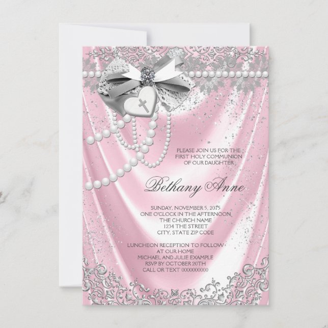 Pink Satin First Communion Invitation (Front)