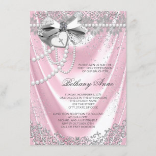 Pink Satin First Communion Invitation