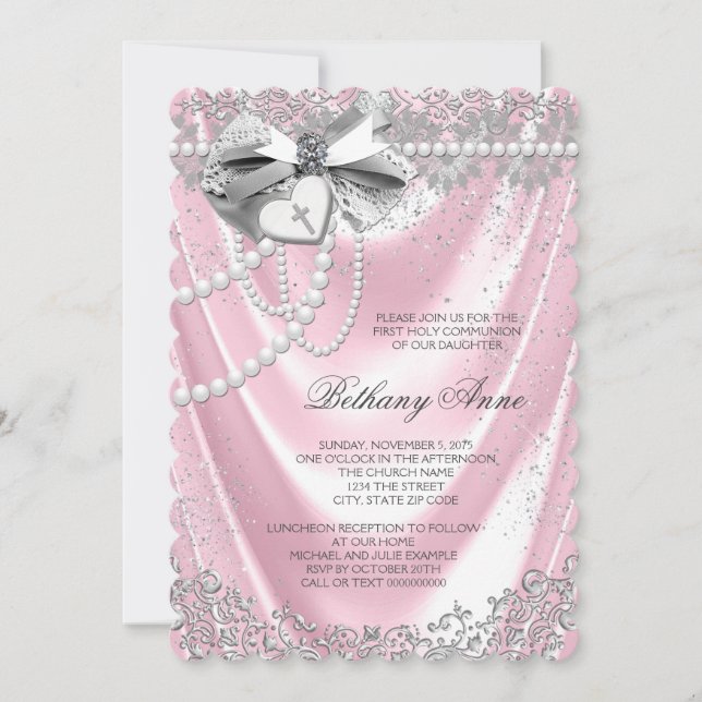 Pink Satin First Communion Invitation (Front)