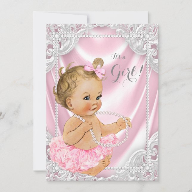 Pink Satin Pearl Baby Girl Shower Invitation (Front)