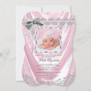 Pink Satin Photo Baptism Christening Invitation
