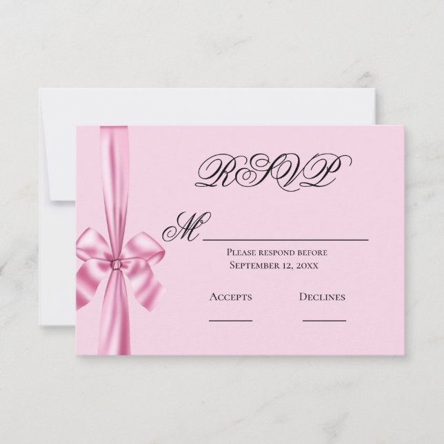 Pink Satin Ribbon Simple Wedding RSVP Card (Front)