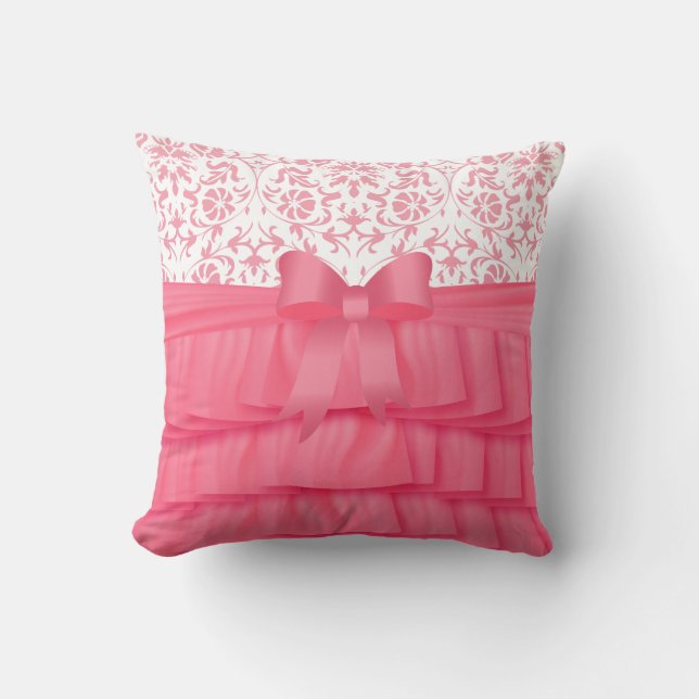 Pink Satin Ruffles & Pink Bow on Damask Cushion (Front)