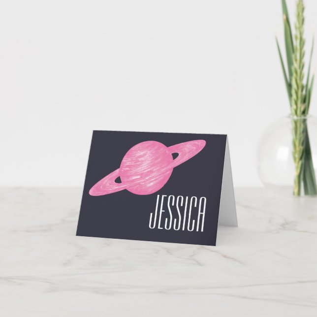 Pink Saturn Space Lovers Personalised Name Kids Note Card (Front)
