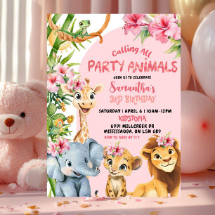 Pink Savannah Calling All Party Animals Birthday Invitation