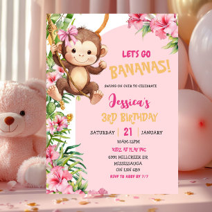 Pink Savannah Monkey Let's Go Bananas Birthday Invitation