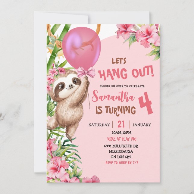 Pink Savannah Sloth Let's Hang Out Birthday Invitation (Front)