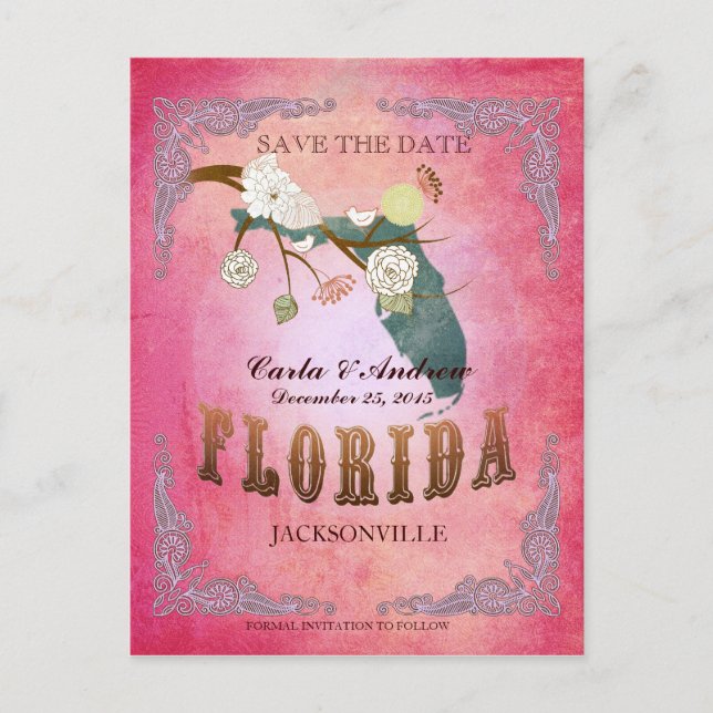 Pink Save The Date - Florida Map With Lovely Birds Announcement Postcard (Front)