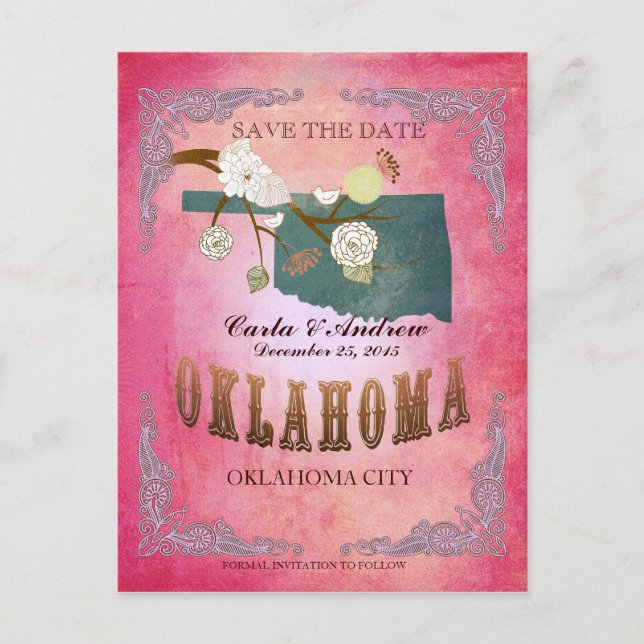 Pink Save The Date -Oklahoma Map With Lovely Birds Announcement Postcard (Front)